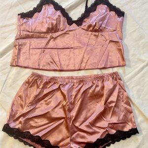 Blush Pink Satin Cami & Shorts PJ Set L | Black Lace Trim, Y2K feminine soft
